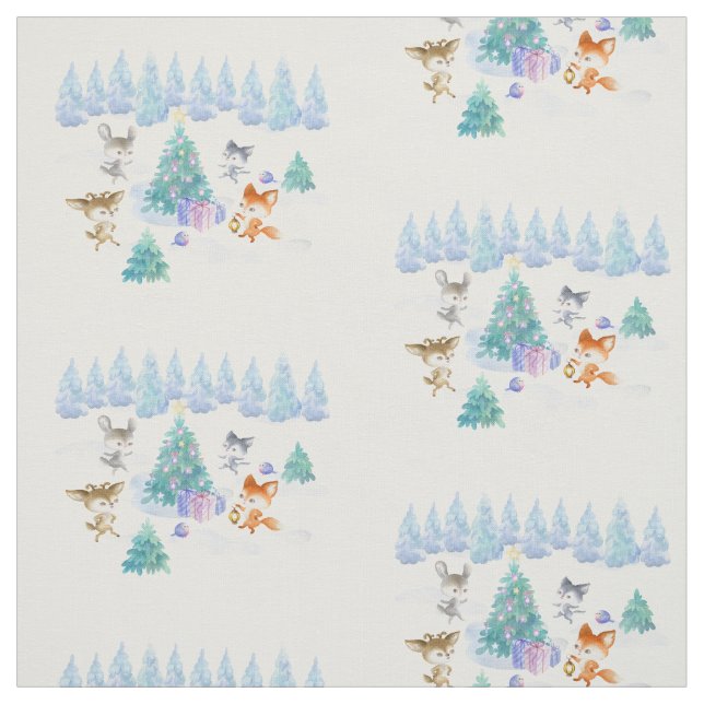 Tissu Danse Animaux de forêt Noël Aquarelle (Échantillon)