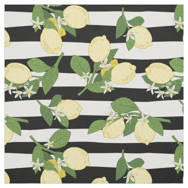 Tissu De beaux citrons et fleurs en noir et blanc (Échantillon)
