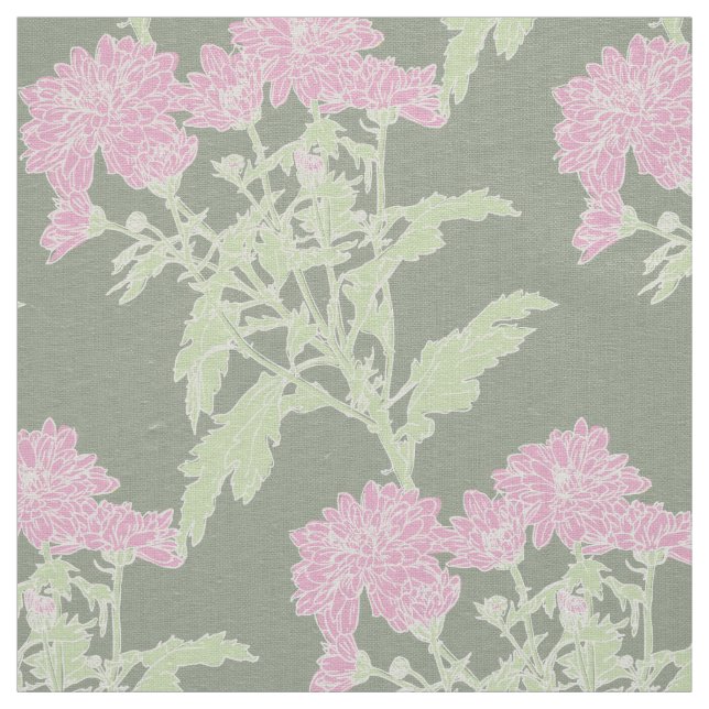 Tissu de dessin rose vert Chrysanthemum (Échantillon)