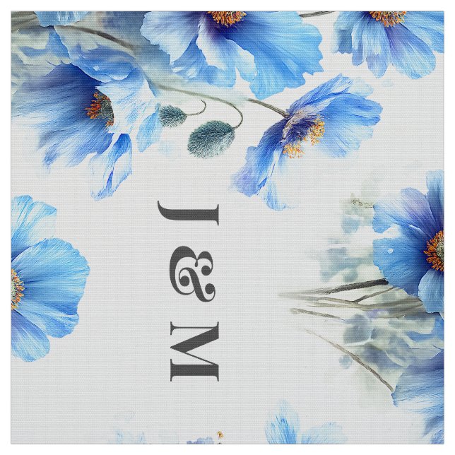 Tissu de mariage floral Pavots bleus avec monogram (Échantillon)