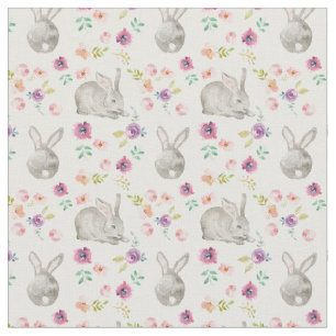 Tissu  De mignons lapins et des fleurs.Blanc.