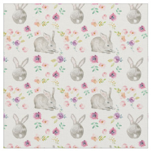 Tissu  De mignons lapins et des fleurs.Blanc.