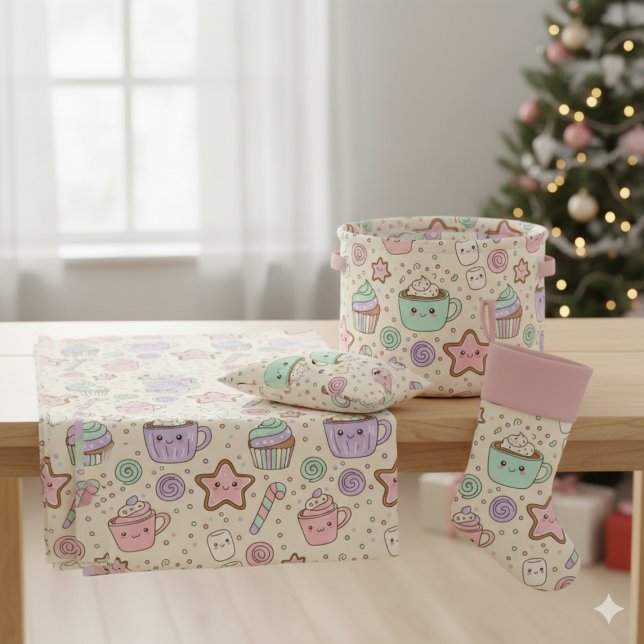 Tissu de Noël Pastel Kawaii & Chocolat Chaud (Cute Kawaii Christmas Treats Fabric
)