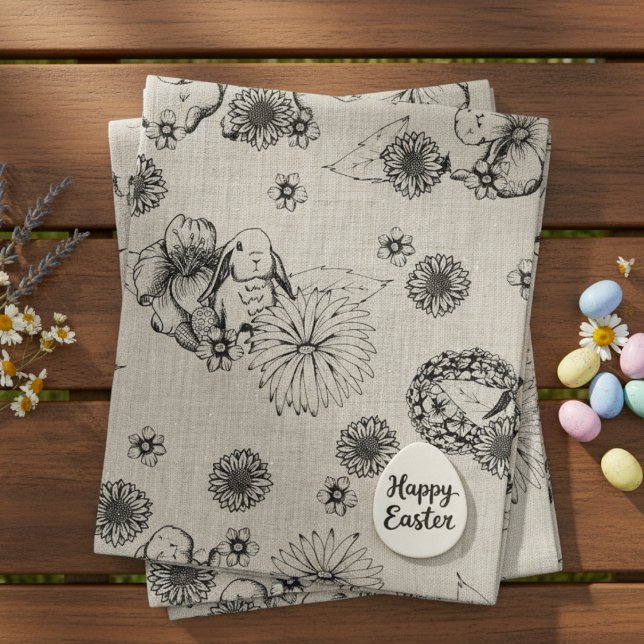 Tissu de Pâques Bunny printemps motif floral (Cute Floral Easter Bunnies & Flower Linen Fabric for Easter Egg Hunt or Spring Kids Birthday Parties)