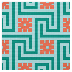 Tissu Déco clé grecque, turquoise, aqua et corail