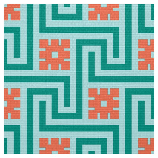 Tissu Déco clé grecque, turquoise, aqua et corail (Échantillon)