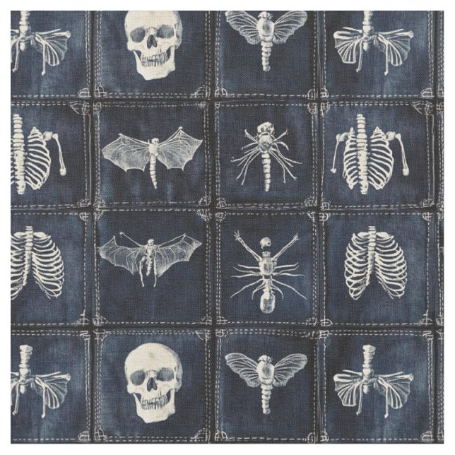 Tissu Décolette Denim avec Skulls & Insectes (Fermer)
