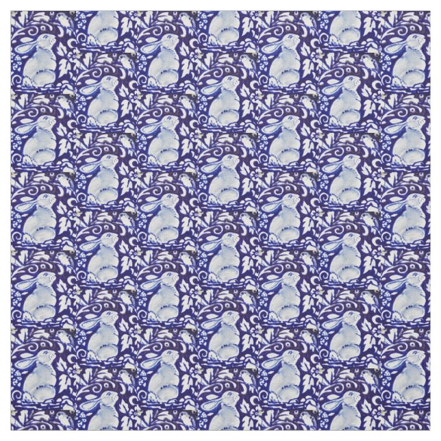 Tissu Dedham Blue & White Rabbit, Bird Designer Fabric (Échantillon)