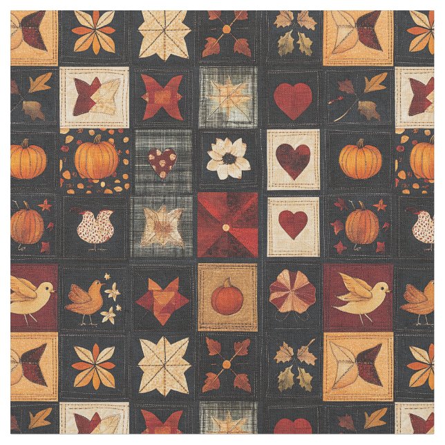 Tissu Denim Folk Art Quilt Motif | Patch d'automne rusti (Fermer)