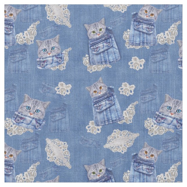 Tissu Denim Jeans avec chatons et dentelles répétées (Fermer)