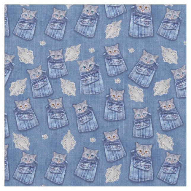 Tissu Denim texturé Kitten Fun Seamless Repeats (Fermer)