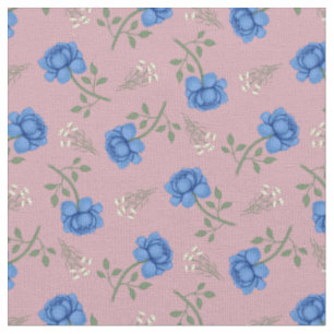 Tissu Des roses bleues sur calicot rose