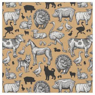 Tissu Dessin vintage des animaux de ferme