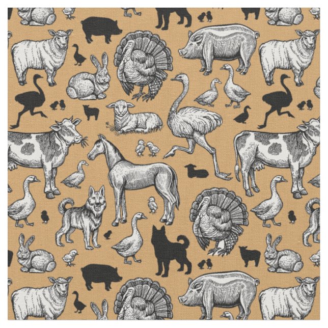 Tissu Dessin vintage des animaux de ferme  (Fermer)