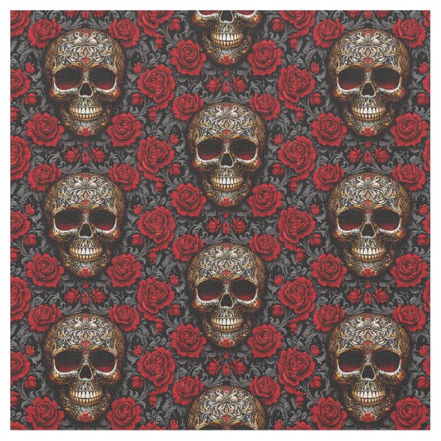 Tissu Dia de los Muertos Crânes et Roses (Fermer)