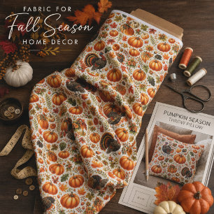 Tissu Dindes rustiques Citrouilles Feuilles d'automne Ac