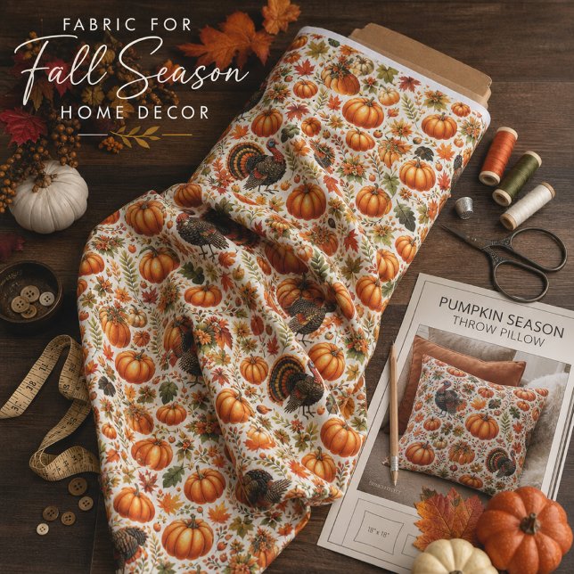 Tissu Dindes rustiques Citrouilles Feuilles d'automne Ac (Créateur téléchargé)