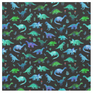 Tissu Dinos minuscules en bleu et vert sur noir