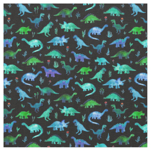 Tissu Dinos minuscules en bleu et vert sur noir (Fermer)