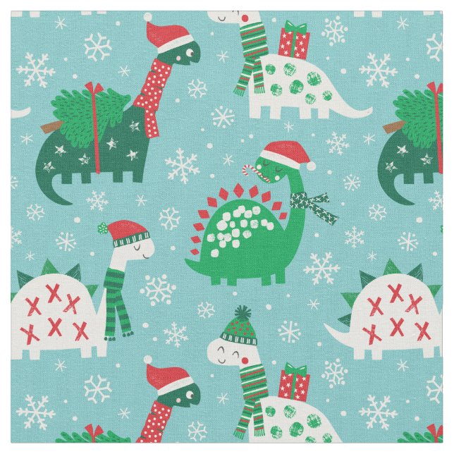 Tissu Dinosaures de Noël mignons sur bleu (Fermer)