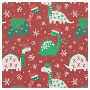 Tissu Dinosaures de Noël mignons sur bordeaux rouge