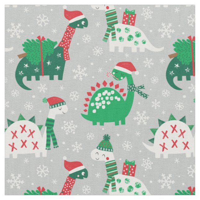 Tissu Dinosaures de Noël mignons sur gris (Fermer)