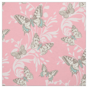 Tissu d'insecte de rose de damassé de papillons d