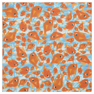 Tissu Ditzy Orange Fishes Motif sur Watery Blue Fabric