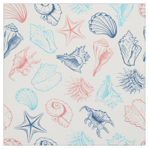 Tissu Divers coquillages bleu rouge ligne art motif