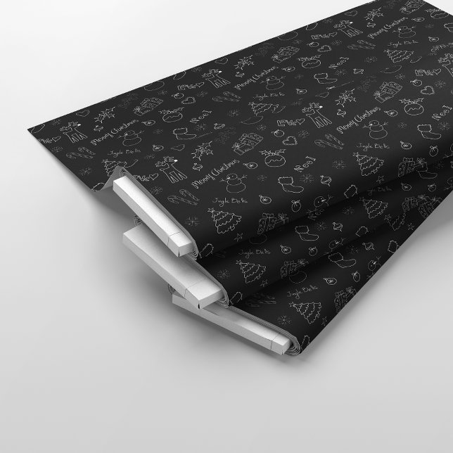 Tissu Doodle de croquis de Noël noir (Créateur téléchargé)