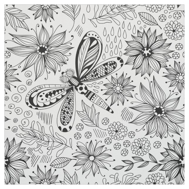 Tissu Dragonfly et doodle de fleurs (Échantillon)