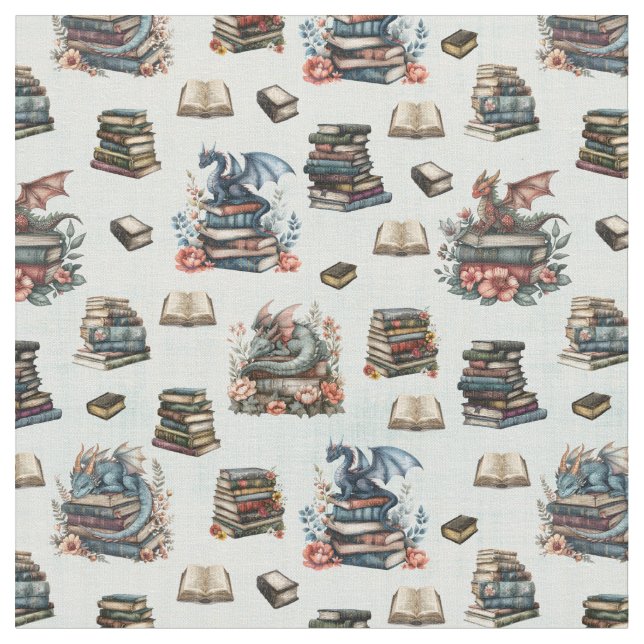 Tissu Dragons Magiques & Livres sur Fond Vert Clair (Fermer)