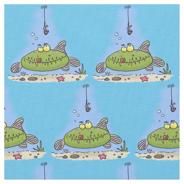 Tissu Drôle gras affamé poisson vert dessin de pêche (Fermer)