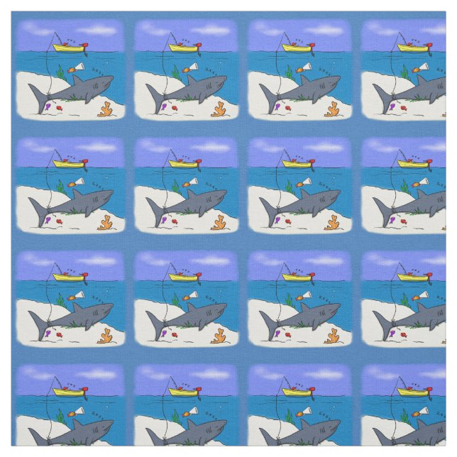 Tissu Drôle requin couché et dessin animé de pêche (Échantillon)