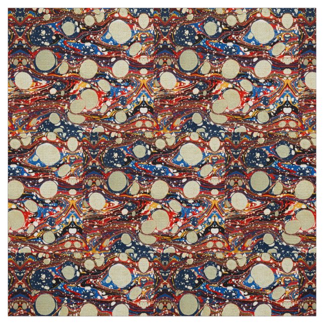 TISSU EAUX ABSTRAITES ROUGES BLEU MARBLÉES, CERCLES BLAN (Échantillon)