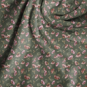 Tissu Échinacées et abeilles sur fond vert foncé