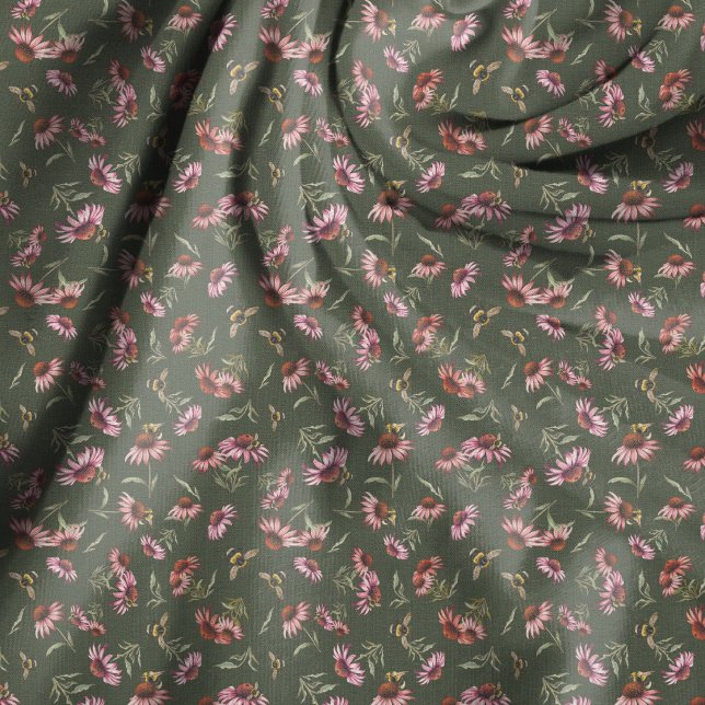Tissu Échinacées et abeilles sur fond vert foncé (Créateur téléchargé)
