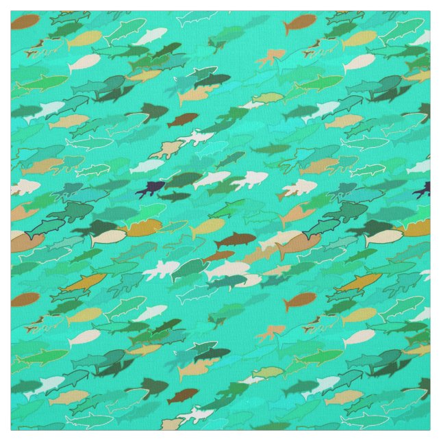 Tissu École de Poisson, Aqua, Vert et Or (Échantillon)