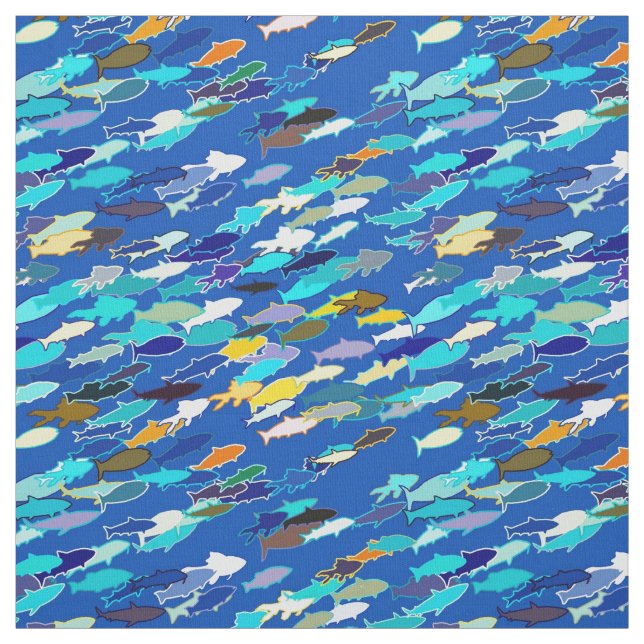 Tissu École de poisson, bleu foncé, blanc et turquoise (Échantillon)