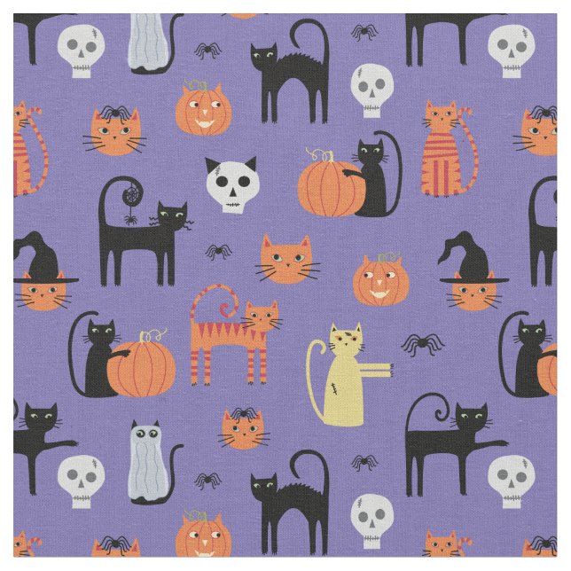 Tissu Éffrayant Halloween Chat Motif pourpre (Fermer)