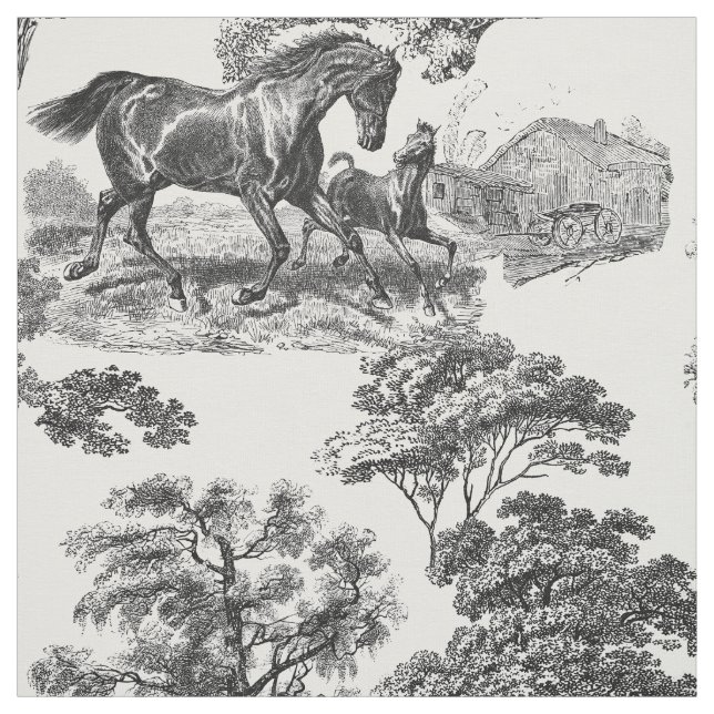 Tissu Elégant Black White Rustic Horses Toile (Échantillon)