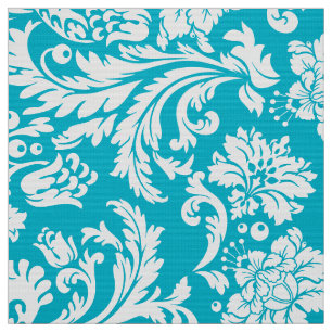 Tissu Elégant blanc & turquoise Damas florales
