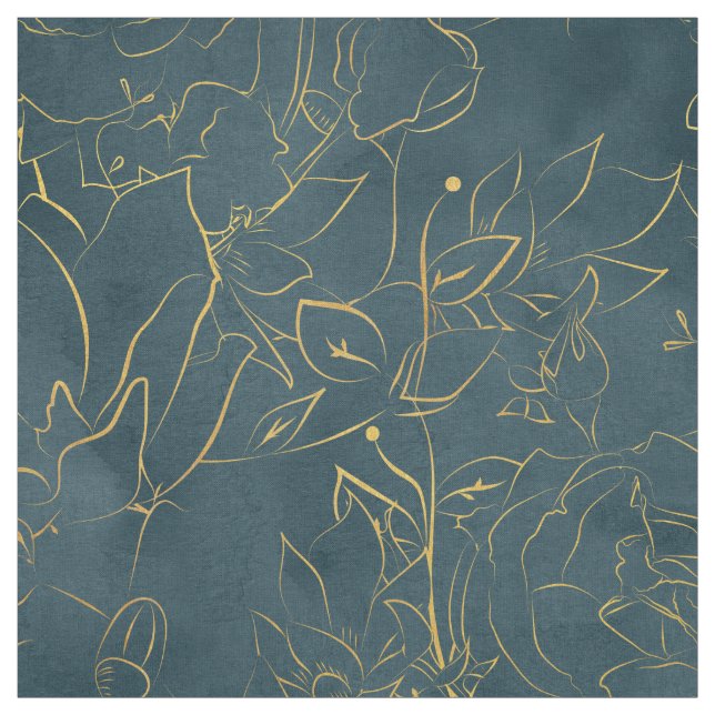 Tissu Elégant bleu foncé Turquoise Aquarelle or huile fl (Échantillon)