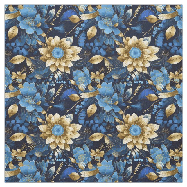 Tissu Elégant Bleu & Or Boho Chic Motif Floral (Échantillon)