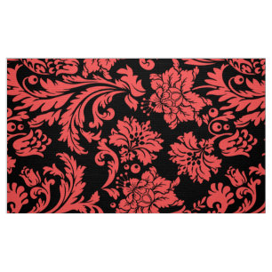 Tissu Élégant Corail-Rouge Et Noir-Floral Damas