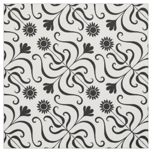Tissu Élégant Damas Floral Fleur de soleil noir et blanc