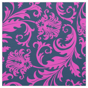 Tissu Élégant Damas Floraux Bleu et Rose Chaud