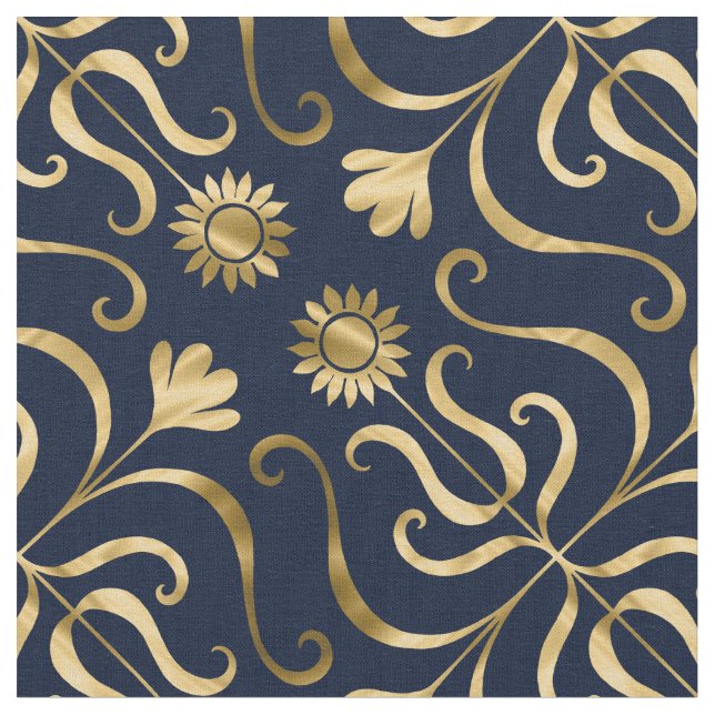 Tissu Elégant floral Damask Navy bleu & or tournesol (Fermer)