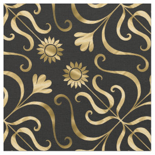 Tissu Élégant floral soyeux noir or tournesol