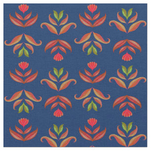 Tissu Elégant Marine Blue Folk Art Floral Rustique Cosy